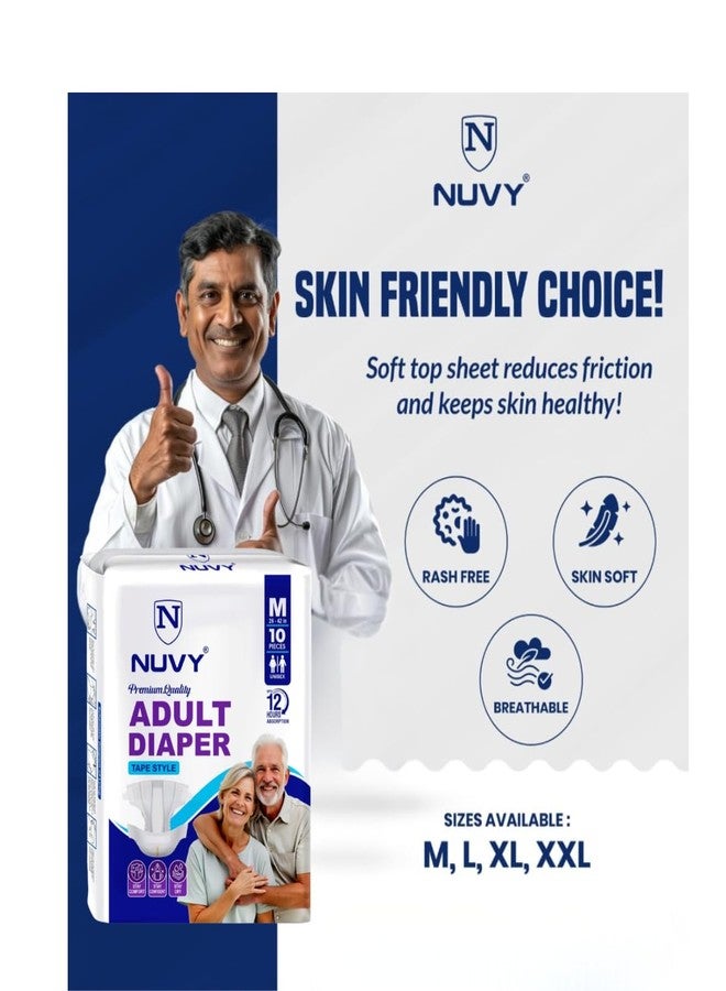 Nuvy Adult Diaper Tape M (Waist Size -26" to 42") 10 Units, 12Hours Leak Proof Protection, Odour Free - Image 2