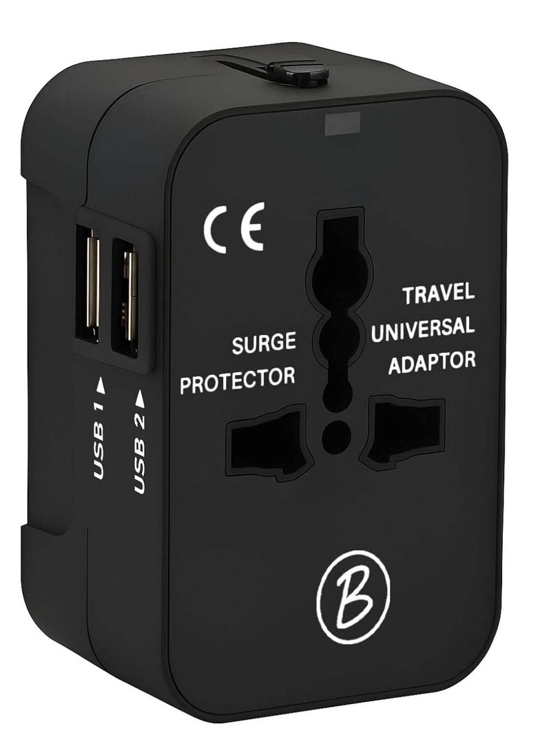 Btag Universal Travel Adapter All-in-One Worldwide Plug Adapter, International with Dual USB Ports (2U – 1A), Multi-Country Power Outlet, Compact Adapter (100-240V)(Black) - Image 1