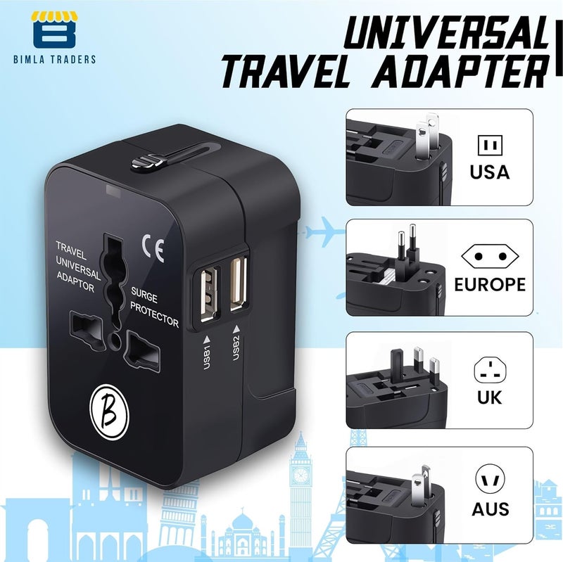 Btag Universal Travel Adapter All-in-One Worldwide Plug Adapter, International with Dual USB Ports (2U – 1A), Multi-Country Power Outlet, Compact Adapter (100-240V)(Black) - Image 4