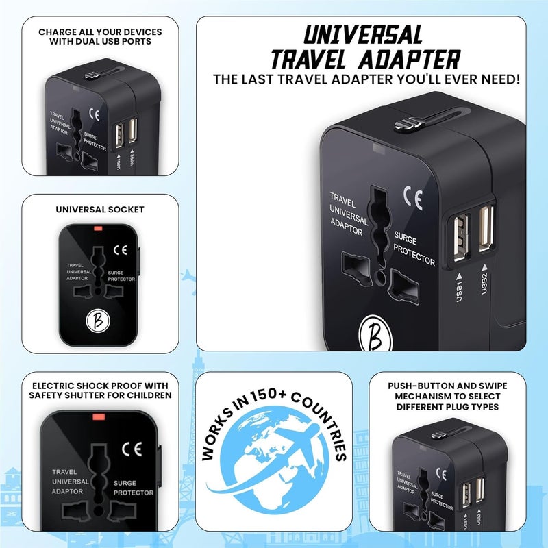 Btag Universal Travel Adapter All-in-One Worldwide Plug Adapter, International with Dual USB Ports (2U – 1A), Multi-Country Power Outlet, Compact Adapter (100-240V)(Black) - Image 5