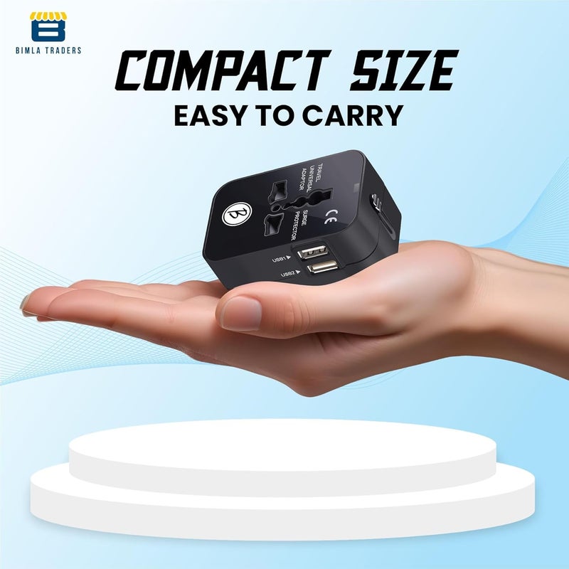 Btag Universal Travel Adapter All-in-One Worldwide Plug Adapter, International with Dual USB Ports (2U – 1A), Multi-Country Power Outlet, Compact Adapter (100-240V)(Black) - Image 2