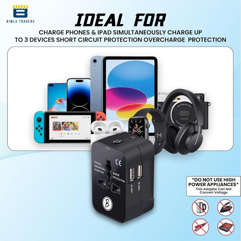 Btag Universal Travel Adapter All-in-One Worldwide Plug Adapter, International with Dual USB Ports (2U – 1A), Multi-Country Power Outlet, Compact Adapter (100-240V)(Black) - Image 3