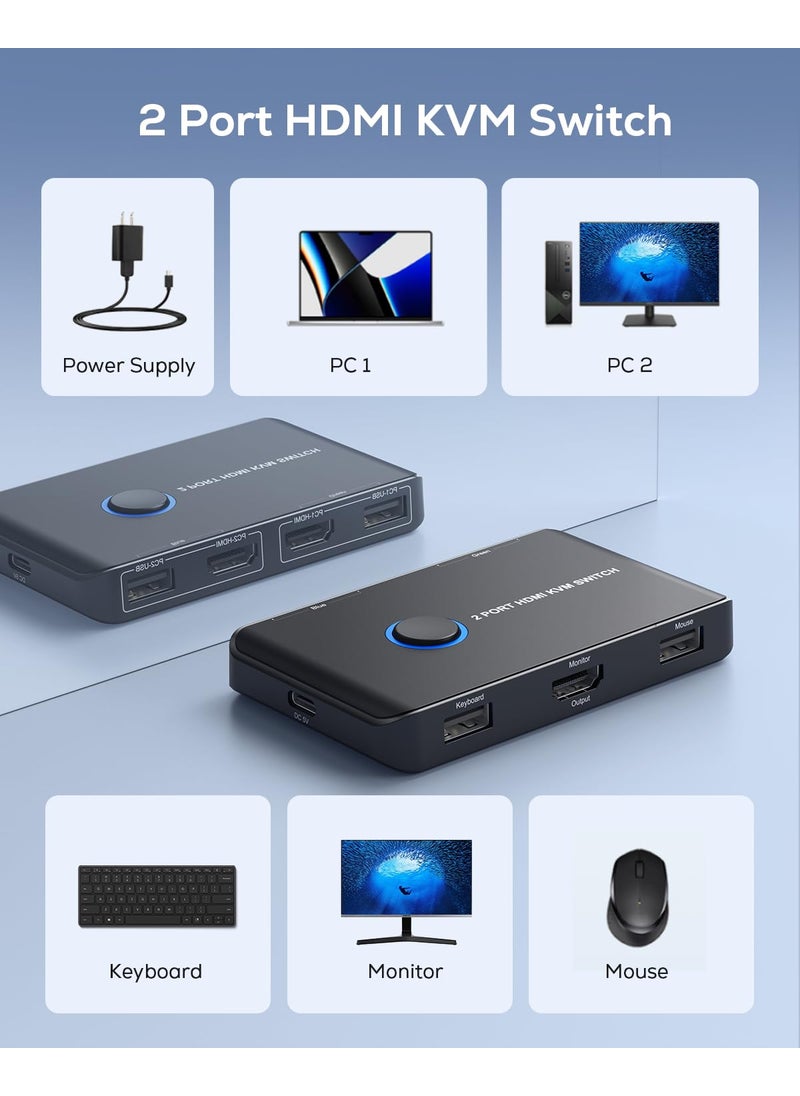 ABLEWE KVM Switch HDMI 2 Port Box,ABLEWE USB and HDMI Switch for 2 Computers Share Keyboard Mouse Printer and one HD Monitor,Support UHD 4K@60Hz,with 2 USB Cable and 2 HDMI Cable  - Image 2