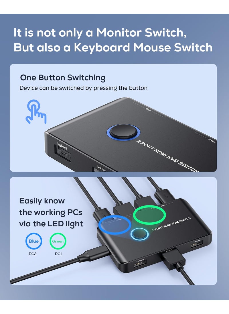 ABLEWE KVM Switch HDMI 2 Port Box,ABLEWE USB and HDMI Switch for 2 Computers Share Keyboard Mouse Printer and one HD Monitor,Support UHD 4K@60Hz,with 2 USB Cable and 2 HDMI Cable  - Image 3