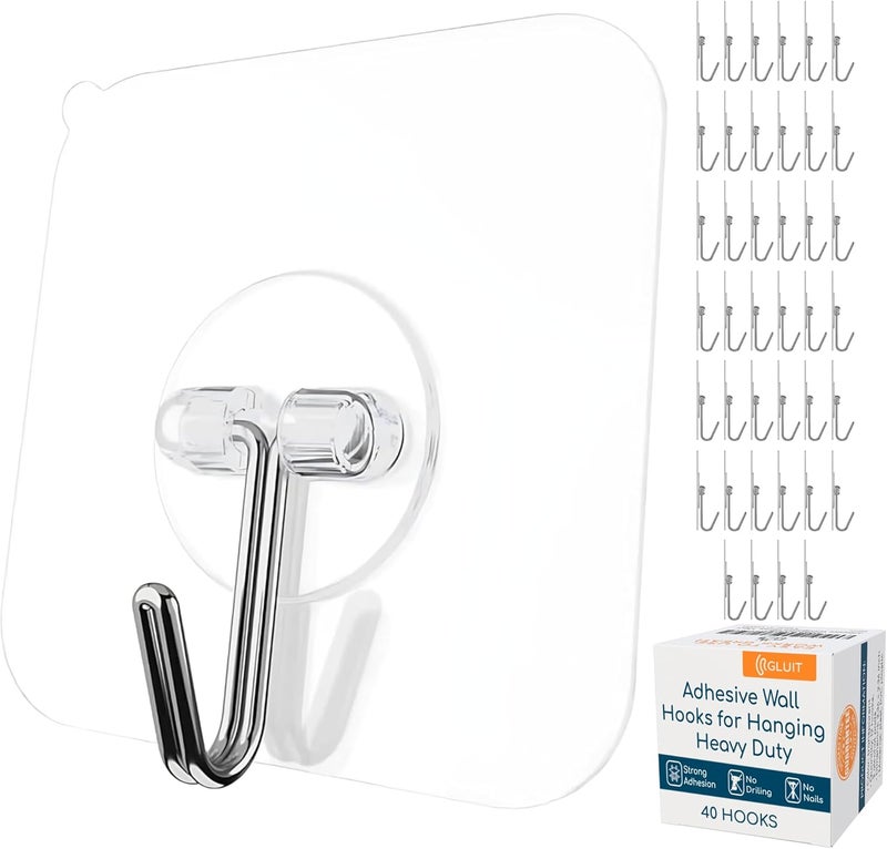 GLUIT Adhesive Wall Hooks for Hanging Heavy Duty 22 lbs Hooks for Walls No Damage, Towel Sticky Clear Hooks, Waterproof, Home, Bathroom, Kitchen, Office, and Outdoor, 40 Pack - Image 1