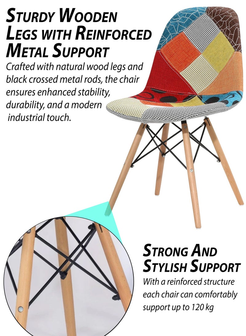 دي بلو طقم مكوّن من 2 كراسي بتصميم باتشوورك منجّد، مصنوعة من قماش الكتان المتعدد الألوان، بأرجل خشبية ودعامات معدنية لتوفير الثبات والمتانة، بتصميم عصري مستوحى من منتصف القرن يناسب مختلف المساحات مثل المنزل، المطبخ، غرفة المعيشة، المدخل، غرفة الدراسة، الصالة، المقهى، الفندق، المطعم، الشرفة، والمكتب. تتميز الكراسي بقشرة مريحة من مادة البولي بروبيلين وقدرة تحمل وزن تصل إلى 120 كجم - Image 5
