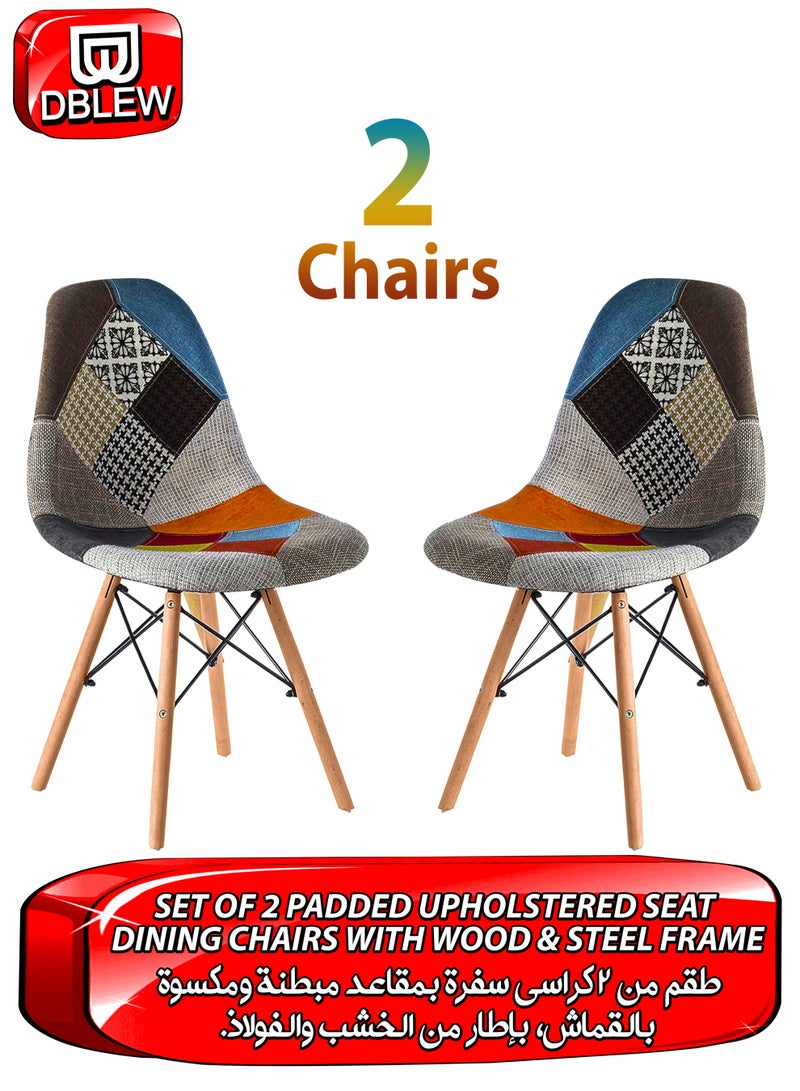 دي بلو طقم مكوّن من 2 كراسي بتصميم باتشوورك منجّد، مصنوعة من قماش الكتان المتعدد الألوان، بأرجل خشبية ودعامات معدنية لتوفير الثبات والمتانة، بتصميم عصري مستوحى من منتصف القرن يناسب مختلف المساحات مثل المنزل، المطبخ، غرفة المعيشة، المدخل، غرفة الدراسة، الصالة، المقهى، الفندق، المطعم، الشرفة، والمكتب. تتميز الكراسي بقشرة مريحة من مادة البولي بروبيلين وقدرة تحمل وزن تصل إلى 120 كجم - Image 1