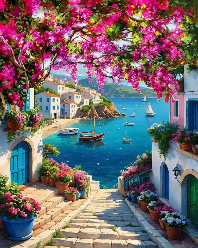 MBNTJHT DIY Scenery Paint by Numbers Kit for Adults,Unframed Landscape Paint by Number Kits on Canvas with Brushes,Flowers and Sea Oil Painting Kits for Home Wall Decor 16X20 Inch/40X50 cm. - Image 1