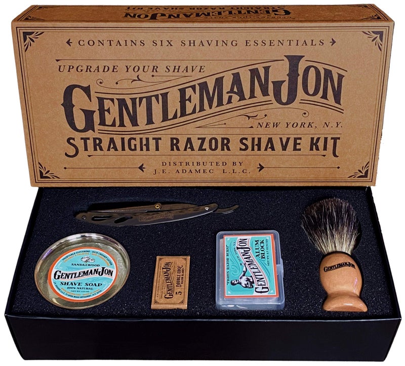 Gentleman Jon Straight Razor Shaving Kit  Vintage Wet Shave Grooming Set for Men  Includes Straight Edge Razor Hair Shaving Brush Alum Block Shave Soap Bowl  Double Edge Razor Blades