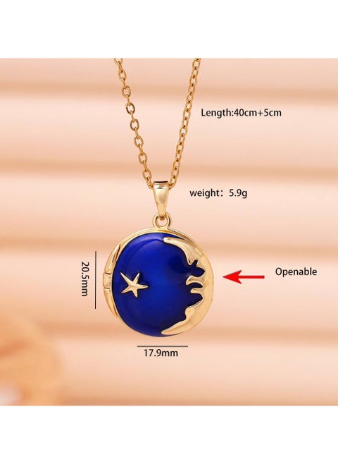 A gold stainless steel necklace with a charming moon design in royal blue and a shiny golden star. It features a unique design that opens, allowing you to store a picture or a cherished memory. A one-of-a-kind design that combines elegance and mystery. Perfect for daily wear and special occasions, adding a touch of magic and precious memories to your look.