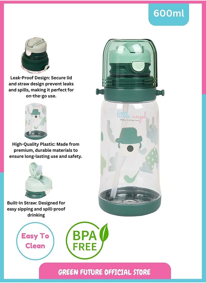 Little Angel Kids Water Bottle 600ml with Flip Straw, Lightweight, Leakproof, Portable with Adjustable Strap for School, Sports, and Travel - Color Green  - Image 2