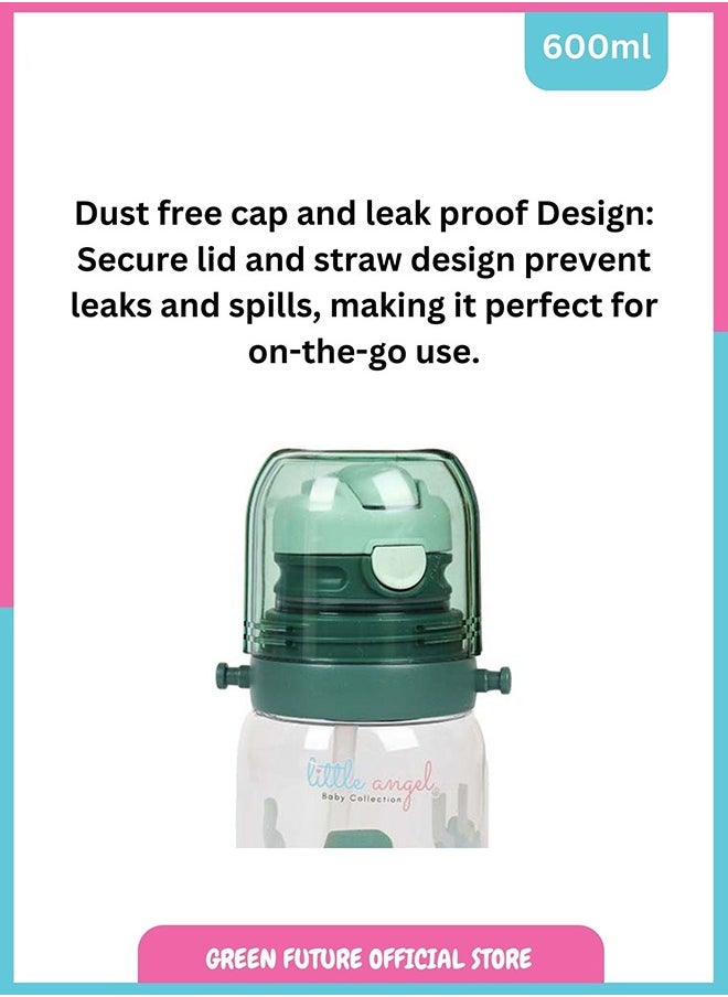 Little Angel Kids Water Bottle 600ml with Flip Straw, Lightweight, Leakproof, Portable with Adjustable Strap for School, Sports, and Travel - Color Green  - Image 4