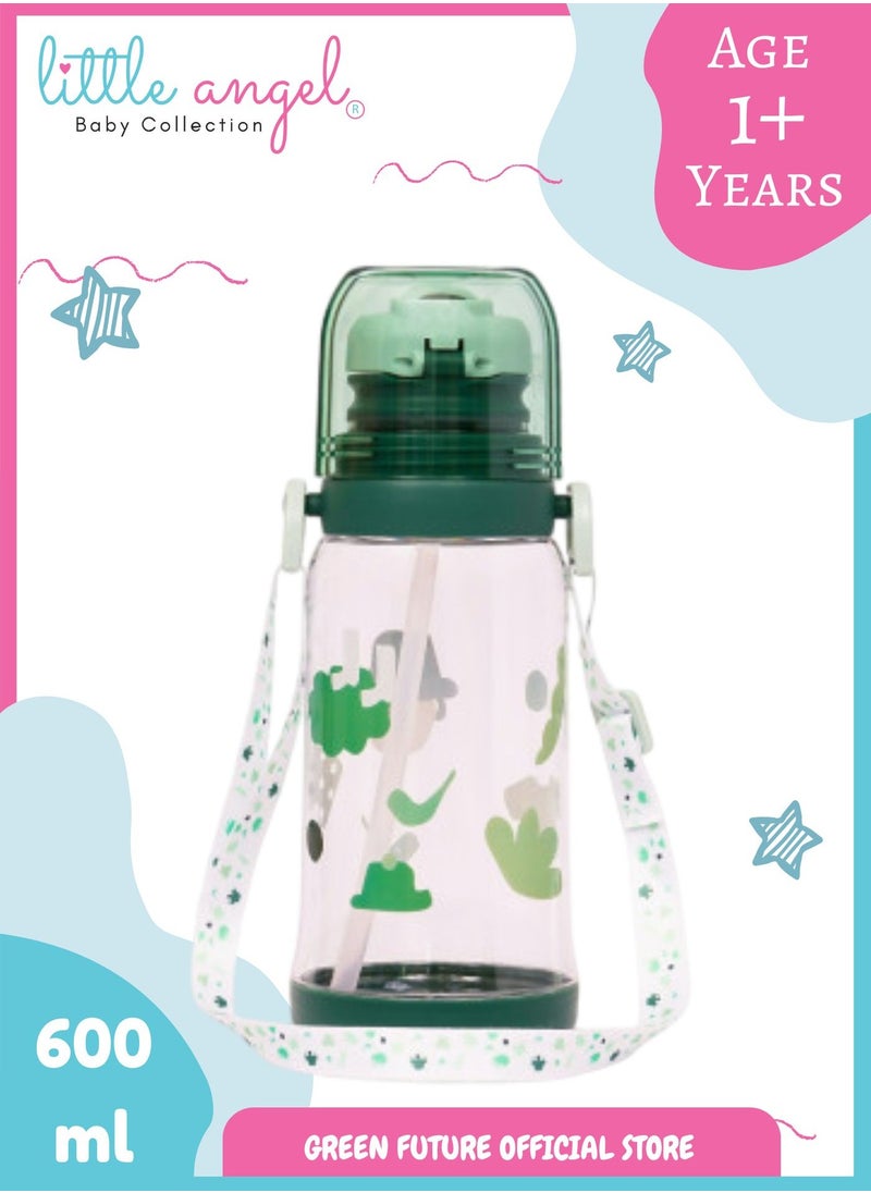 Little Angel Kids Water Bottle 600ml with Flip Straw, Lightweight, Leakproof, Portable with Adjustable Strap for School, Sports, and Travel - Color Green  - Image 1