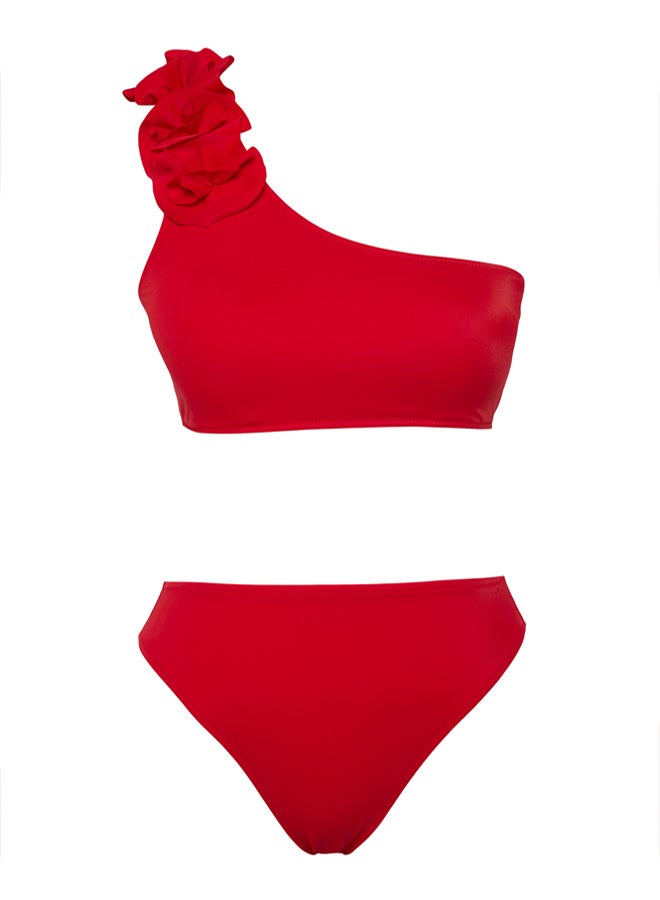 trendyol Red One Shoulder Floral Applique Regular Bikini Set  - Image 5