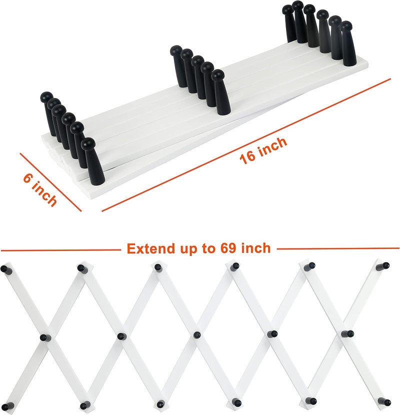 Dseap Accordian Wall Hanger: Wooden Coat Rack Wall Mounted, Hat Racks for Baseball Caps, Mug Rack, 17 Peg Hooks, White & Black - Image 5