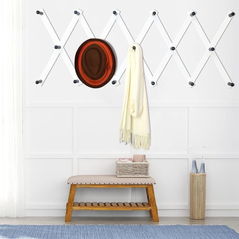 Dseap Accordian Wall Hanger: Wooden Coat Rack Wall Mounted, Hat Racks for Baseball Caps, Mug Rack, 17 Peg Hooks, White & Black - Image 2