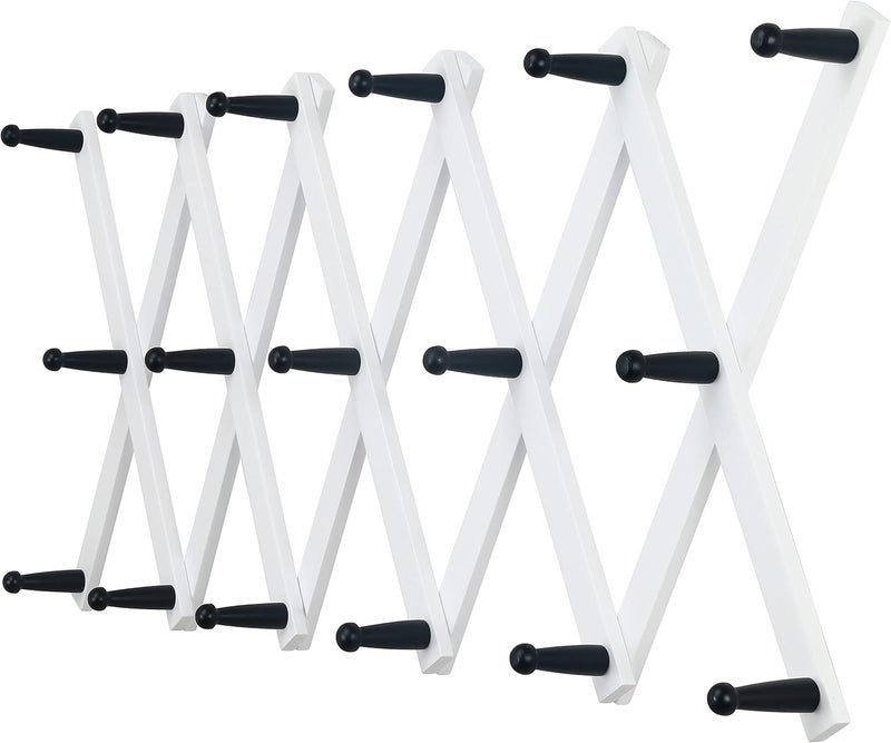 Dseap Accordian Wall Hanger: Wooden Coat Rack Wall Mounted, Hat Racks for Baseball Caps, Mug Rack, 17 Peg Hooks, White & Black - Image 1
