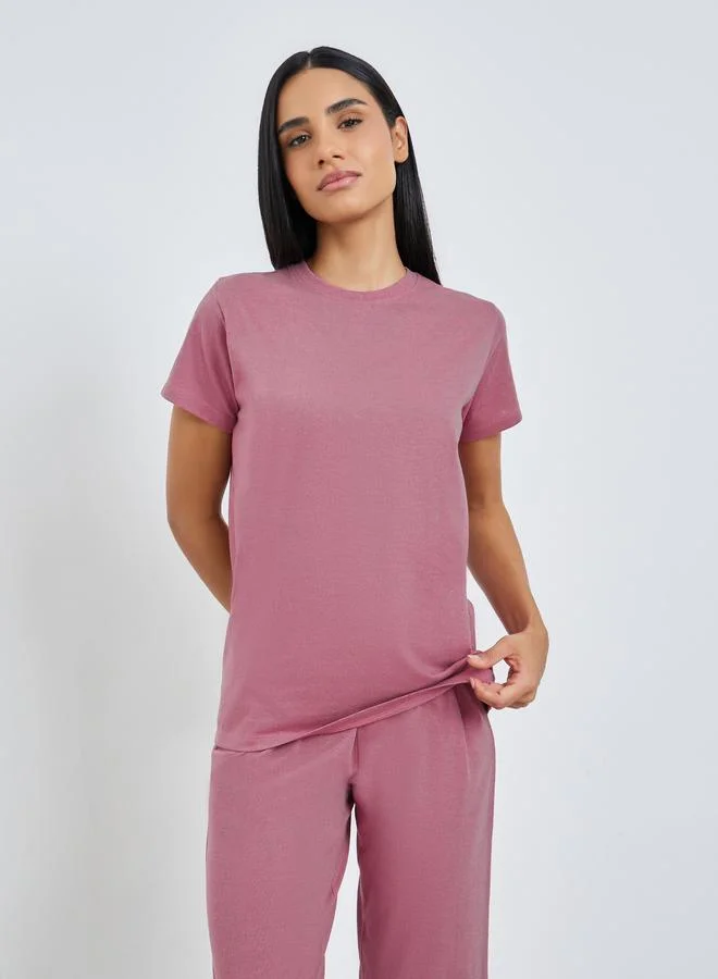 Styli Solid Cotton T-Shirt and Pyjama Set