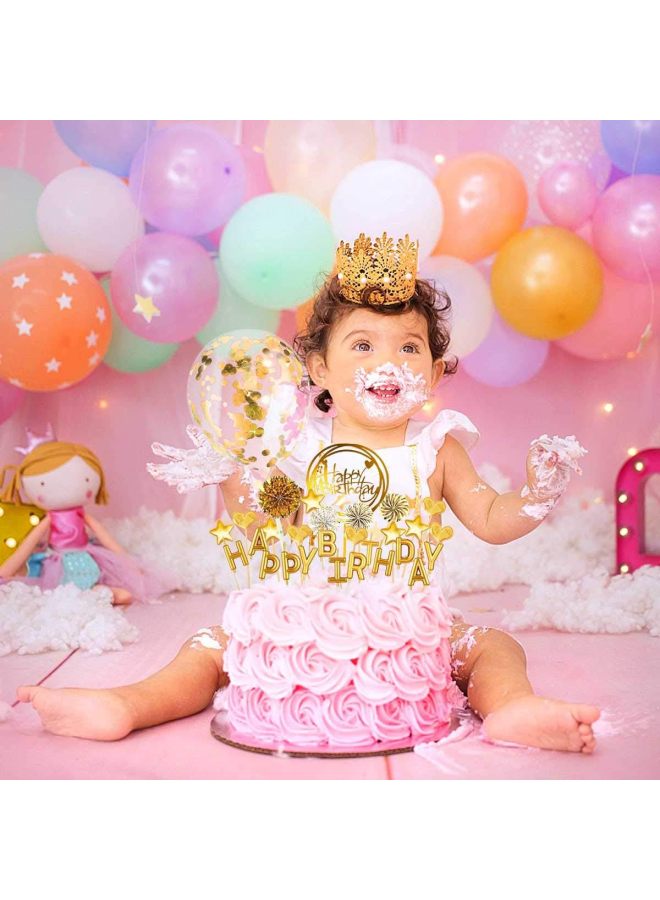 Black Gold Fur Ball Birthday Hat Love Stars Paper Fan Acrylic Card Sequins Balloon Cake Decoration Suit-Specifications:Gold Suit - Image 5