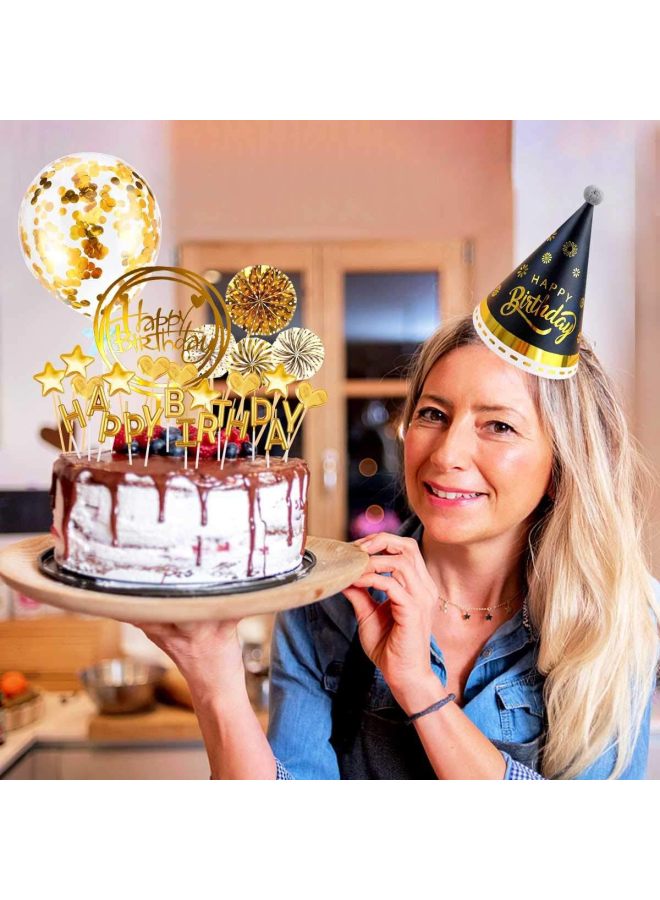 Black Gold Fur Ball Birthday Hat Love Stars Paper Fan Acrylic Card Sequins Balloon Cake Decoration Suit-Specifications:Gold Suit - Image 3