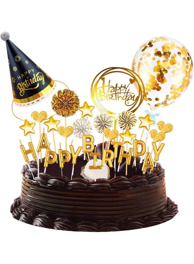 Black Gold Fur Ball Birthday Hat Love Stars Paper Fan Acrylic Card Sequins Balloon Cake Decoration Suit-Specifications:Gold Suit - Image 1