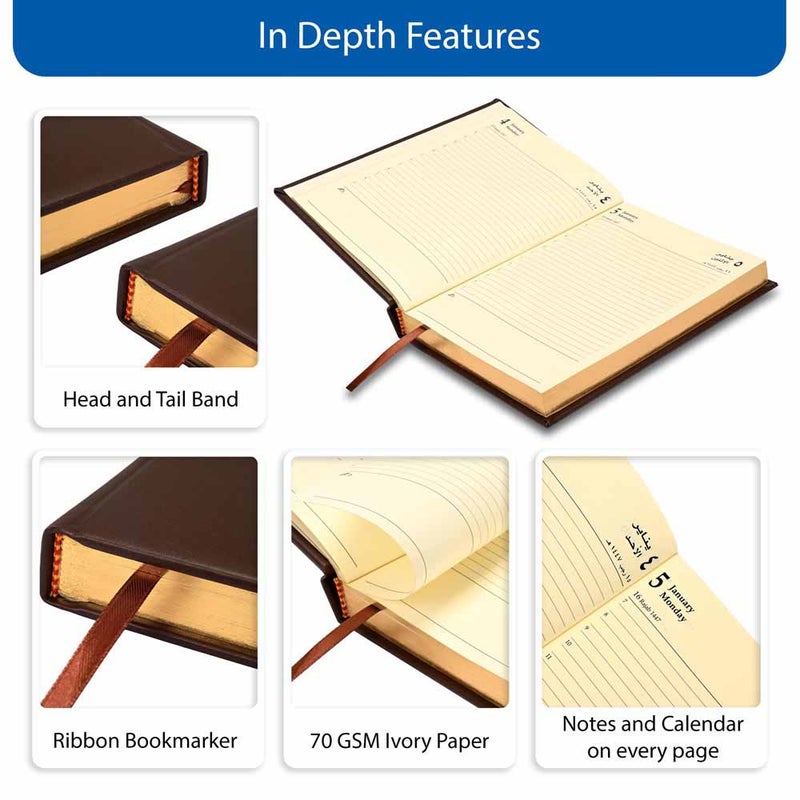 FIS 2026 Golden A5 Diary, 148x210mm, 1 Side Padded Italian PU Cover Materials, Gold Gilded Edges, 1 Day a Page Format, Arabic/English, 70gsm Italian Ivory Paper, DarkBrown Cover-FSDI20AEG26DBR - Image 5