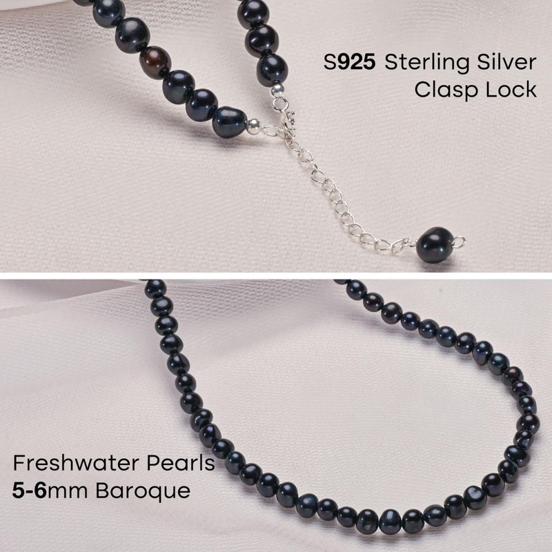 HENGSHENG Natural Pearls Choker Necklace for Women Freshwater Baroque Black Pearl Strand Necklace Chain Cultured Baroque Pearl 925 Sterling Silver Clasp Choker(Black, 5-6mm, Silver Clasp) - Image 5