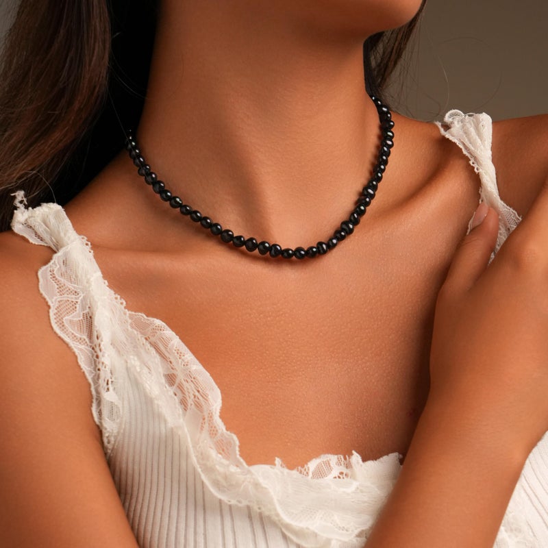 HENGSHENG Natural Pearls Choker Necklace for Women Freshwater Baroque Black Pearl Strand Necklace Chain Cultured Baroque Pearl 925 Sterling Silver Clasp Choker(Black, 5-6mm, Silver Clasp) - Image 2