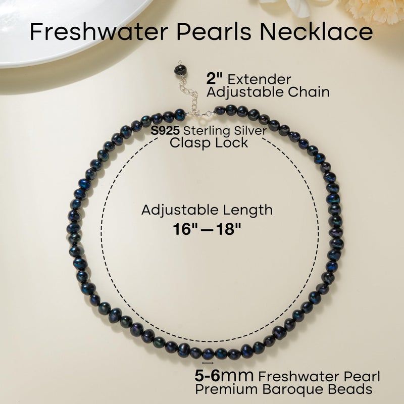 HENGSHENG Natural Pearls Choker Necklace for Women Freshwater Baroque Black Pearl Strand Necklace Chain Cultured Baroque Pearl 925 Sterling Silver Clasp Choker(Black, 5-6mm, Silver Clasp) - Image 3