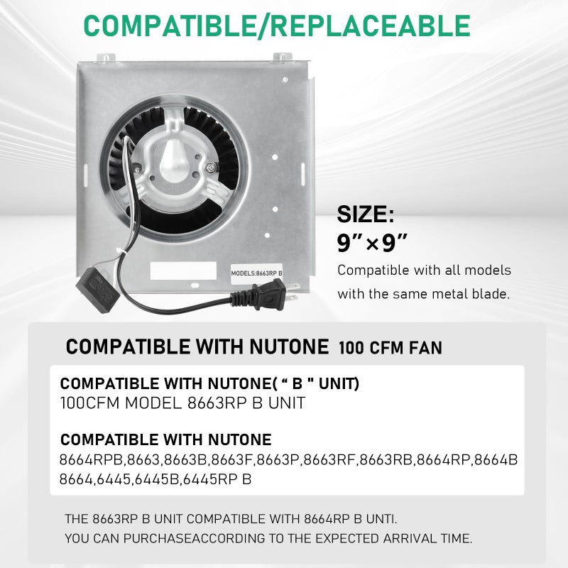 Motoasis ?Upgrade? 8663Rp B Unit Compatible With Nutone 8664Rp B Unit 100Cfm Fan 8664  8664B  8663  8663B  8663P  8663Dg  8663F 8663Rf 8663Fl 6445 6445B 6445Rp 3.5 Sone 9""X9""  S97017706  S97017705 - Image 2