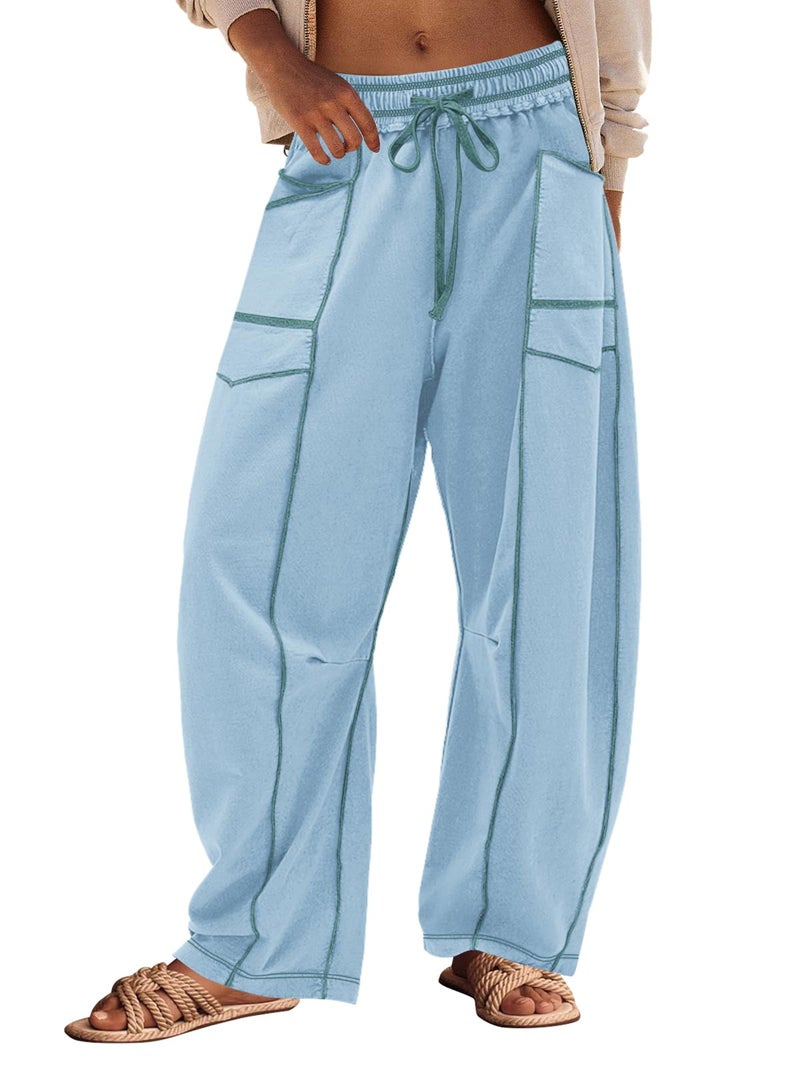 Panadila Womens Barrel Pants Drawstring Wide Leg Sweatpants Baggy Summer Lounge Pants Casual Beach Trousers (Dusty Blue,XL) - Image 1
