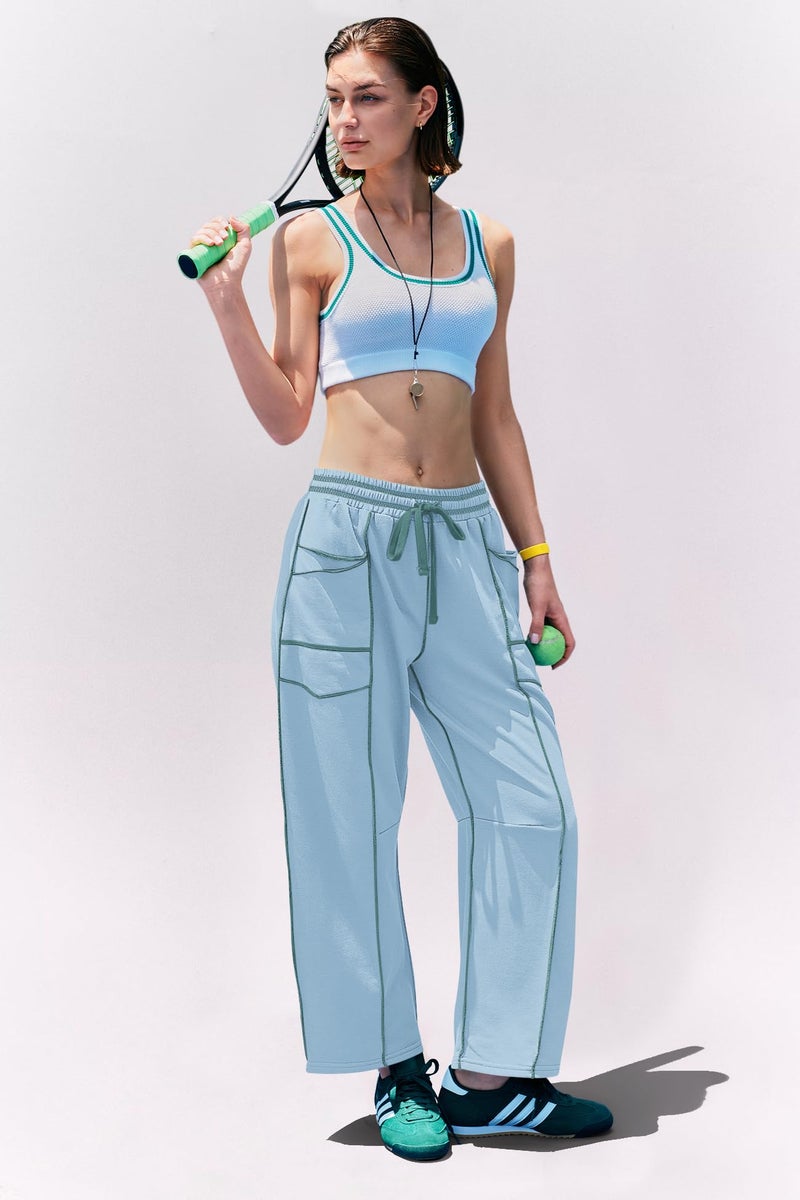 Panadila Womens Barrel Pants Drawstring Wide Leg Sweatpants Baggy Summer Lounge Pants Casual Beach Trousers (Dusty Blue,XL) - Image 5