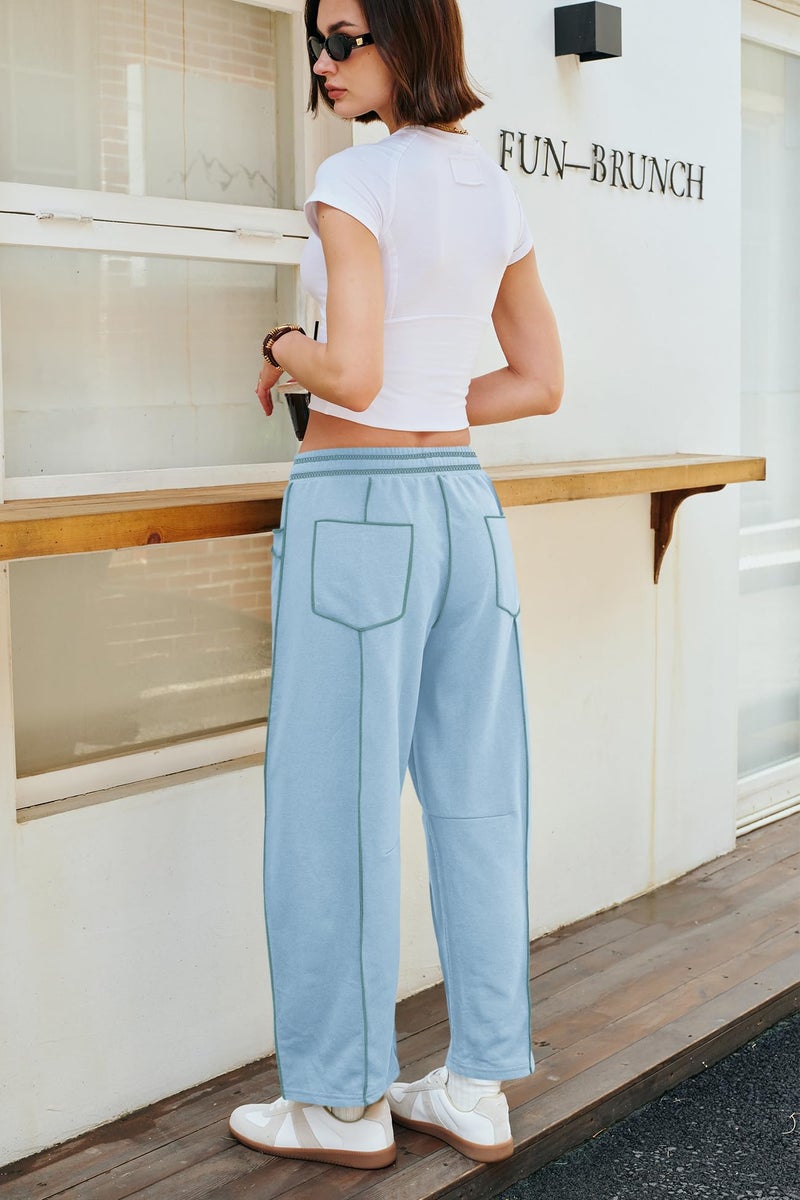Panadila Womens Barrel Pants Drawstring Wide Leg Sweatpants Baggy Summer Lounge Pants Casual Beach Trousers (Dusty Blue,XL) - Image 3