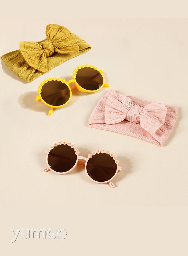 yumee Kids Flower Sunglasses & Baby Girl Headbands Set – 2 Stretchable, Easy-to-Clean Headbands & 2 Trendy Round Sunglasses for Stylish Summer Looks and Comfortable All-Day Wear - Image 1