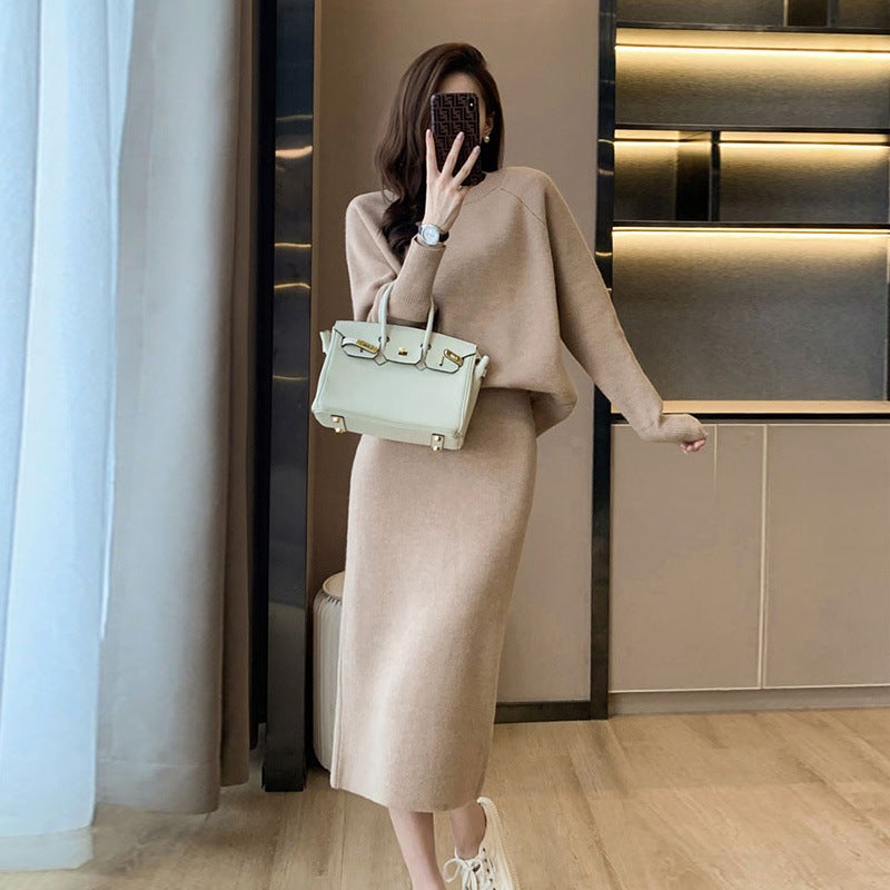 Autumn and Winter Batwing Sleeve Pullover Sweater Womens Knitwear Two-piece Skirt Slim-fit Split Over-the-Knee Skirt Chanel Khaki - Image 1