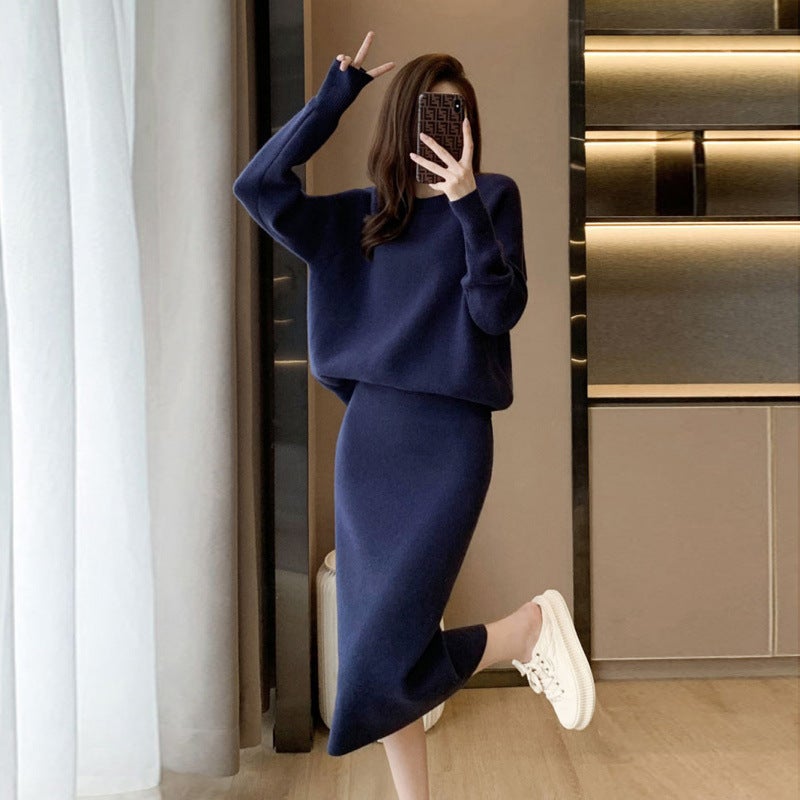 Autumn and Winter Batwing Sleeve Pullover Sweater Womens Knitwear Two-piece Skirt Slim-fit Split Over-the-Knee Skirt Chanel Khaki - Image 2