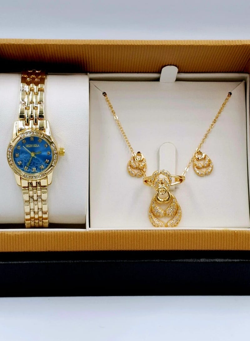 مونتيرا طقم ساعة يد بعقارب وطقم مكون من السلسال والحلق والخاتم للنساء