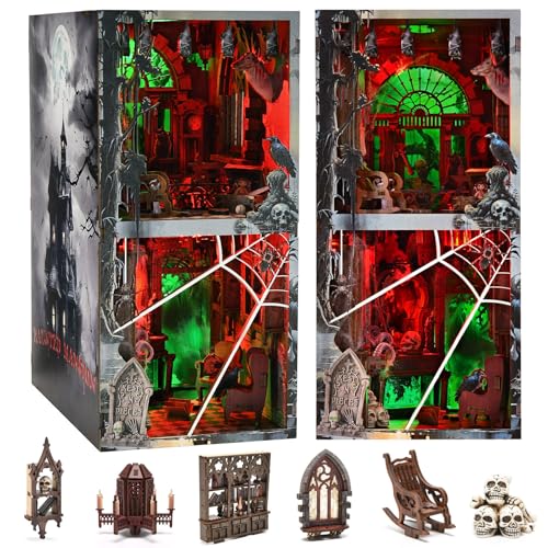 fifijoy Haunted Horror Book Nook Kit DIY Miniature Dollhouse Halloween Booknook Kit Spooky Creepy Scary 3D Wooden Puzzle Bookend Bookshelf Insert Decor with LED Light Haunted Mansion - Image 1