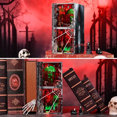 fifijoy Haunted Horror Book Nook Kit DIY Miniature Dollhouse Halloween Booknook Kit Spooky Creepy Scary 3D Wooden Puzzle Bookend Bookshelf Insert Decor with LED Light Haunted Mansion - Image 5