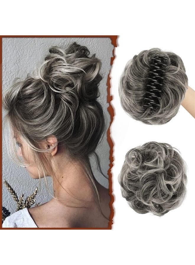 SOFEIYAN Claw Clip Messy Bun Wavy Curly Hair Piece Chignon Ponytail Hairpieces Synthetic Tousled Updo Hair Extensions Scrunchie Hairpiece for Women, Gray and White Tips - Image 1