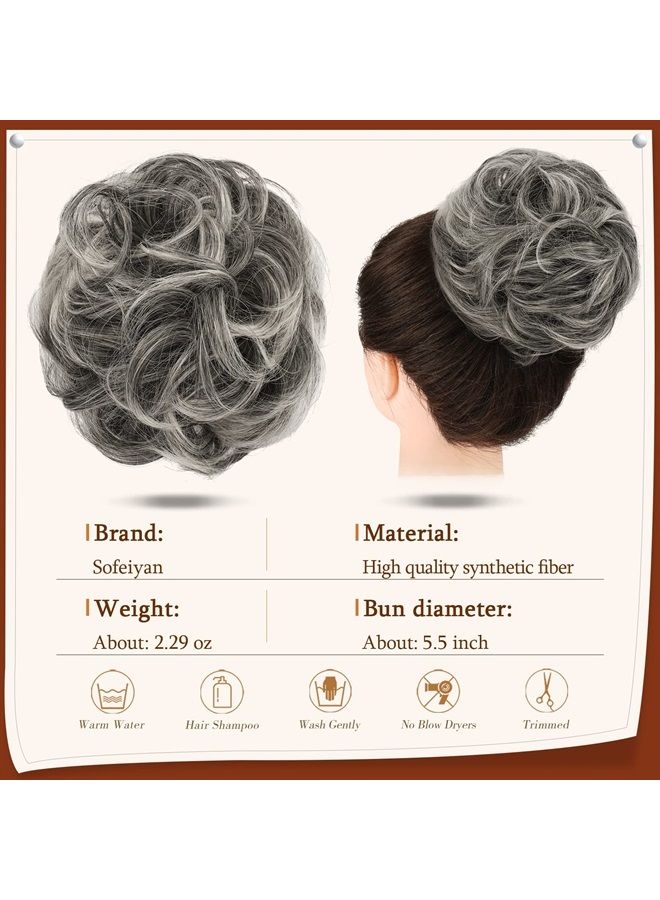 SOFEIYAN Claw Clip Messy Bun Wavy Curly Hair Piece Chignon Ponytail Hairpieces Synthetic Tousled Updo Hair Extensions Scrunchie Hairpiece for Women, Gray and White Tips - Image 2