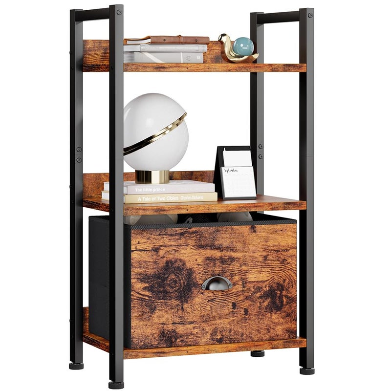 Furologee 3 Tier Bookshelf with Drawer, Small Bookcase with Shelves, Short Wood and Metal Bookshelf Storage Organizer, Industrial Freestanding Shelf Units for Bedroom, Living Room, Dorm, Rustic Brown - Image 1