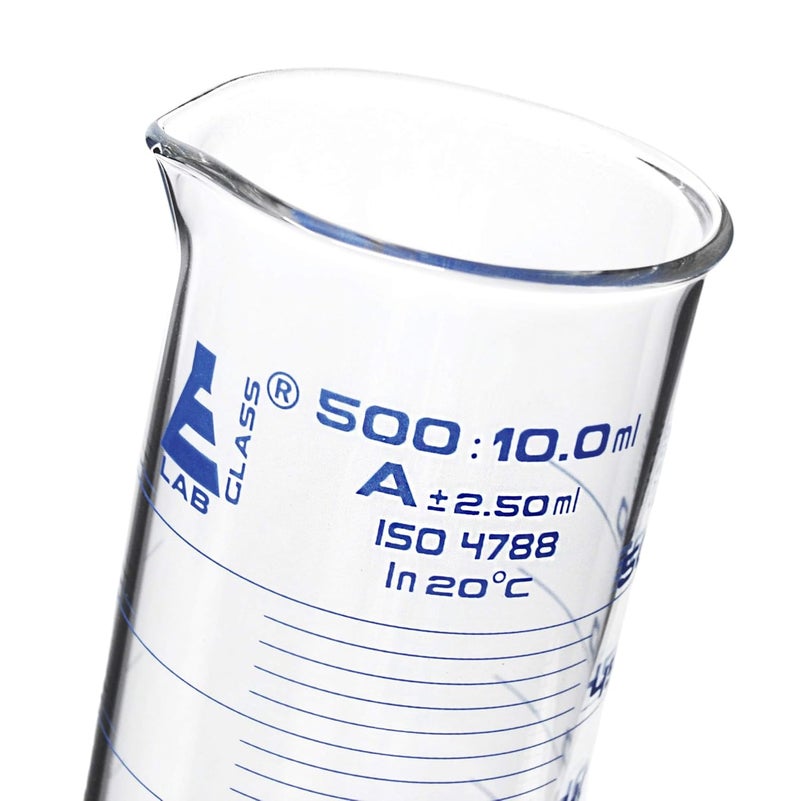 EISCO Graduated Cylinder, 500mL - Class A, Tolerance: ±2.50mL - Squat Form, Blue Graduations - Borosilicate Glass - Image 2