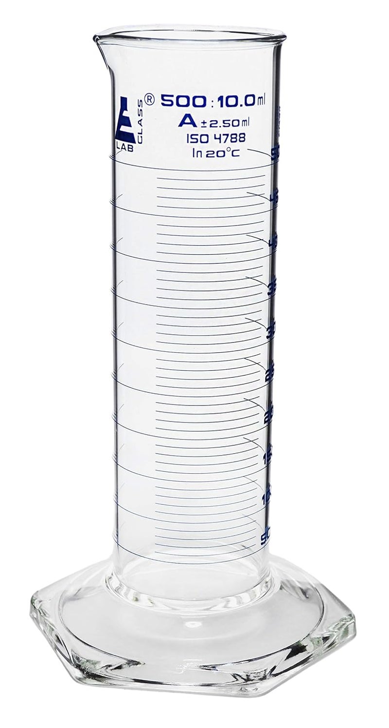 EISCO Graduated Cylinder, 500mL - Class A, Tolerance: ±2.50mL - Squat Form, Blue Graduations - Borosilicate Glass - Image 1