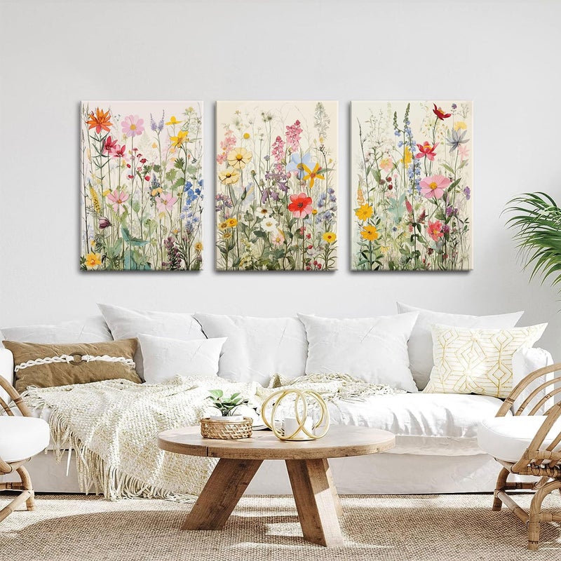 KISSFOX 3 Piece Canvas Wall Art Wildflowers Wall Decor Floral Pictures Botanical Paintings Watercolor Prints Colorful Artwork For Bedroom Bathroom Living Room - Image 5