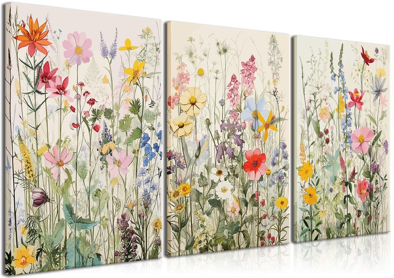 KISSFOX 3 Piece Canvas Wall Art Wildflowers Wall Decor Floral Pictures Botanical Paintings Watercolor Prints Colorful Artwork For Bedroom Bathroom Living Room - Image 1