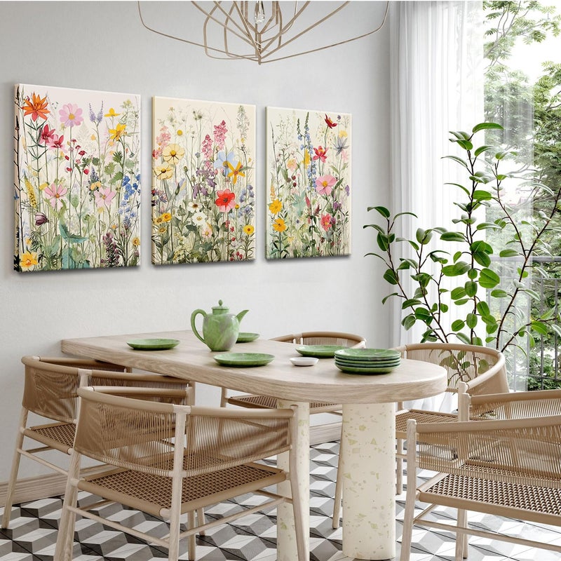 KISSFOX 3 Piece Canvas Wall Art Wildflowers Wall Decor Floral Pictures Botanical Paintings Watercolor Prints Colorful Artwork For Bedroom Bathroom Living Room - Image 3