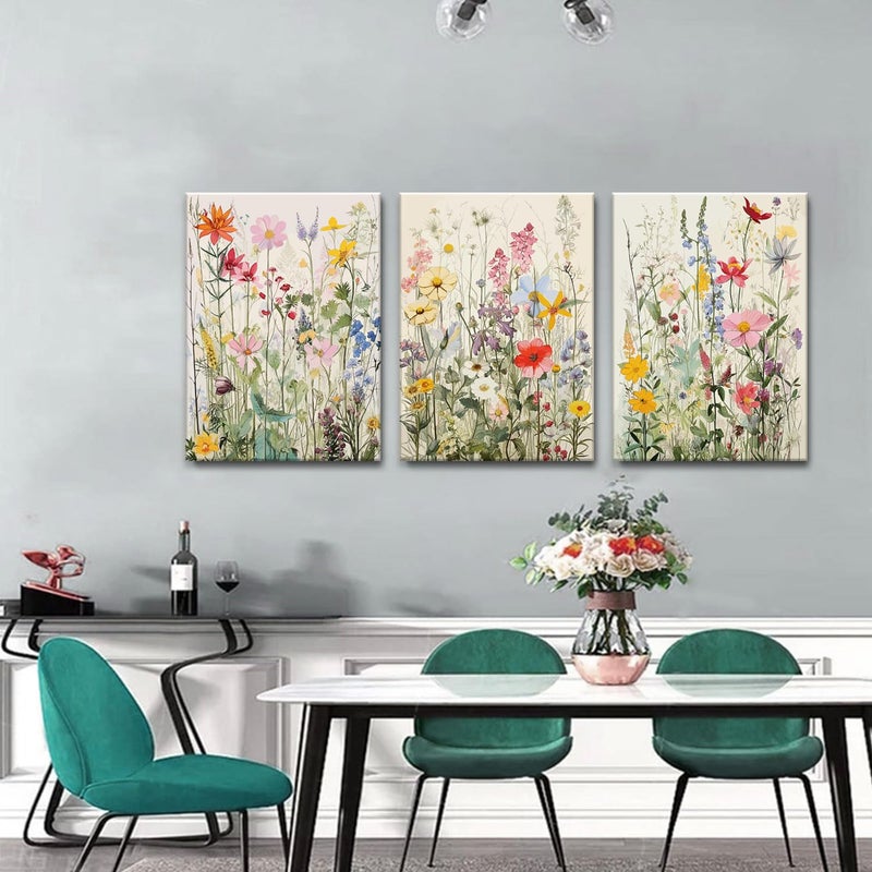 KISSFOX 3 Piece Canvas Wall Art Wildflowers Wall Decor Floral Pictures Botanical Paintings Watercolor Prints Colorful Artwork For Bedroom Bathroom Living Room - Image 2