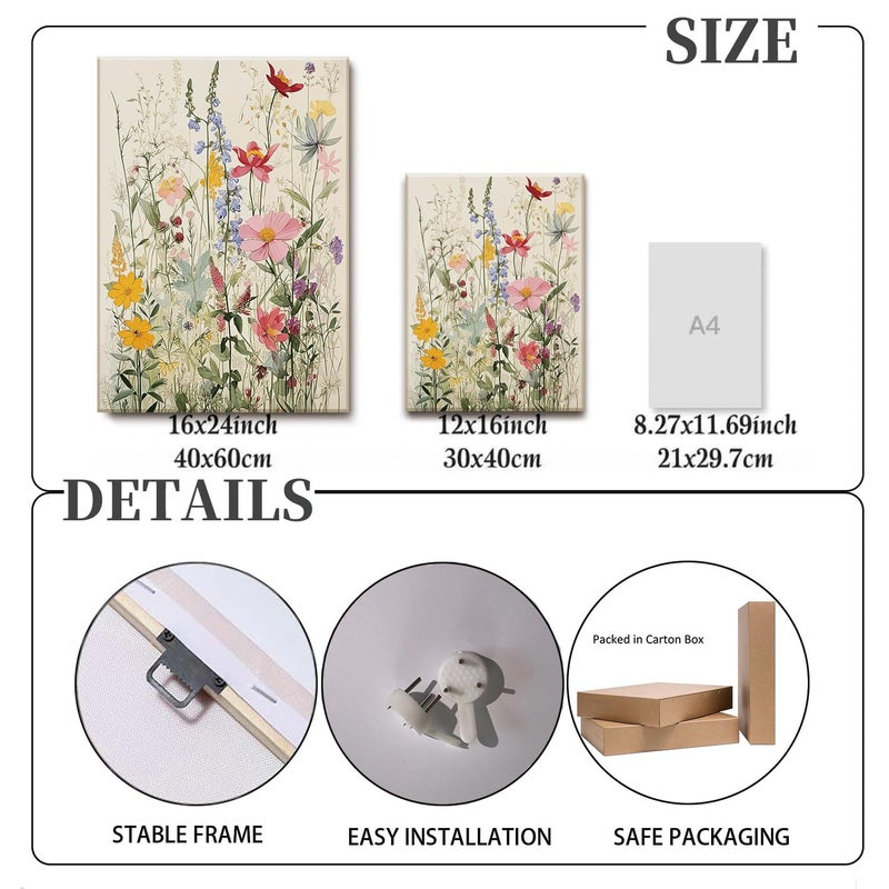 KISSFOX 3 Piece Canvas Wall Art Wildflowers Wall Decor Floral Pictures Botanical Paintings Watercolor Prints Colorful Artwork For Bedroom Bathroom Living Room - Image 4