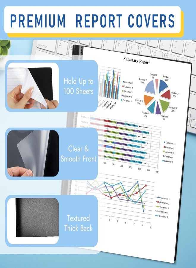 Coidea 8 Pack Report Covers, COIDEA Report Covers with 3-Prong Fasteners, Presentation Folders for A4 and Letter Size Paper, Clear Front Report Covers Binder Bulk for School Business, 100 Sheet Capacity - Image 3